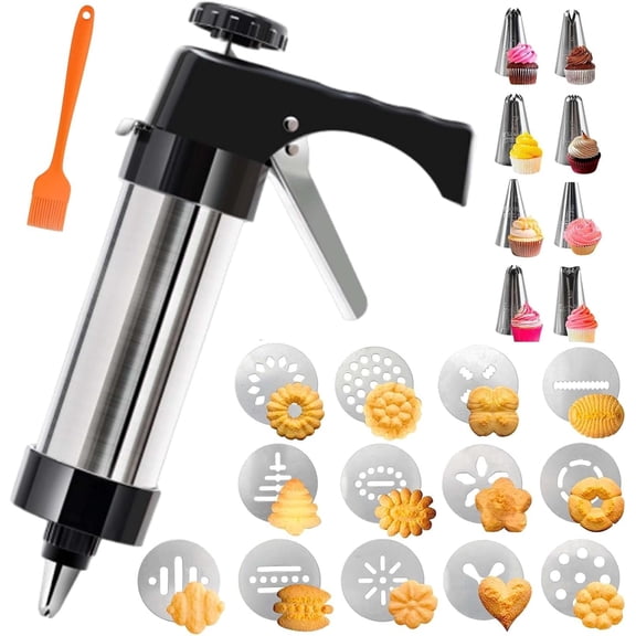 Stainless Steel Cookie Press Gun Kit - 13 Discs & 8 Icing Tips, Easy-to-Use Baking Tool for Cookies/Churros (1 Set)