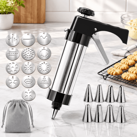 Stainless Steel Cookie Press Gun Kit, 13 Discs & 8 Piping Tips