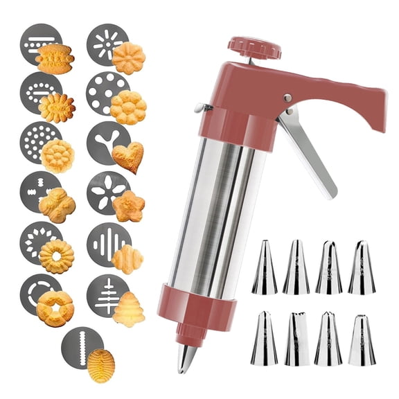 Stainless Steel Cookie Press Gun Kit – 2026 New 3-in-1 Baking Tool with 13 Cookie Discs & 8 Piping Tips for DIY Holiday Cookies, Cupcakes, Cake Decorating, and Gift Ideas,cookie press gun(Red)