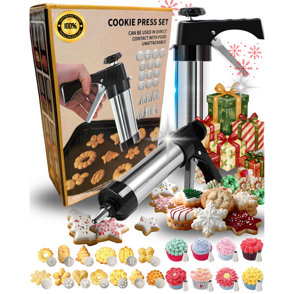 Stainless Steel Cookie Press Gun Kit, 21-Piece Set with Discs & Icing Tips, Multipack Quantity: 1