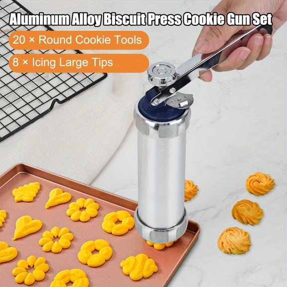 Stainless Steel Cookie Press Gun Kit, DIY Baking Cookie Press With 20 Cookie Discs 8 Piping Tips For Cake Decorating Pastry Making Supplies