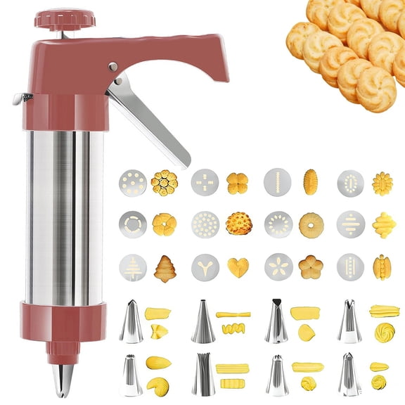 Stainless Steel Cookie Press Gun Kit with 13 Discs and 8 Icing Tips for Holiday Cookie Baking and Decorating