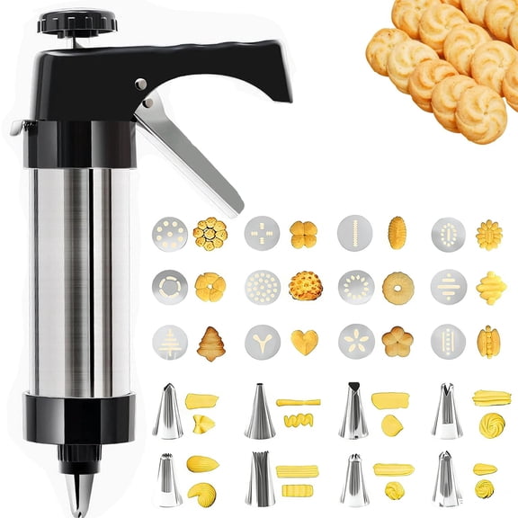 Stainless Steel Cookie Press Gun Kit with 13 Discs and 8 Icing Tips for Holiday Cookie Baking and Decorating