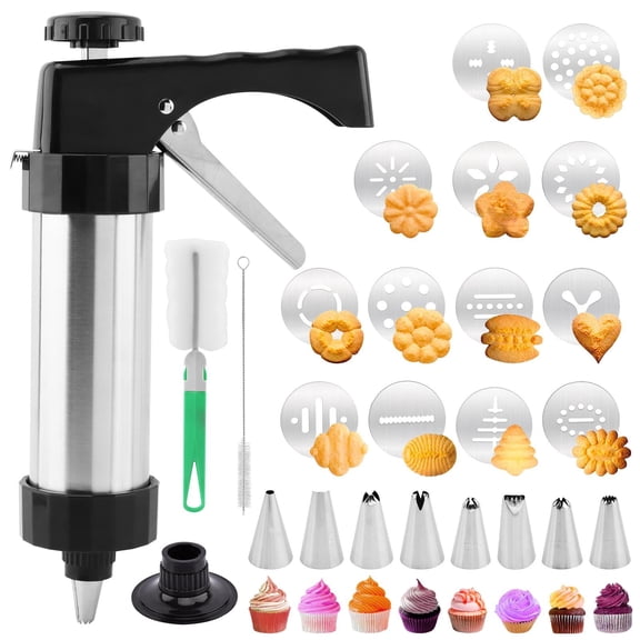 Stainless Steel Cookie Press Gun Kit with 8 Piping Tips and 13 Discs 8.66 Inch