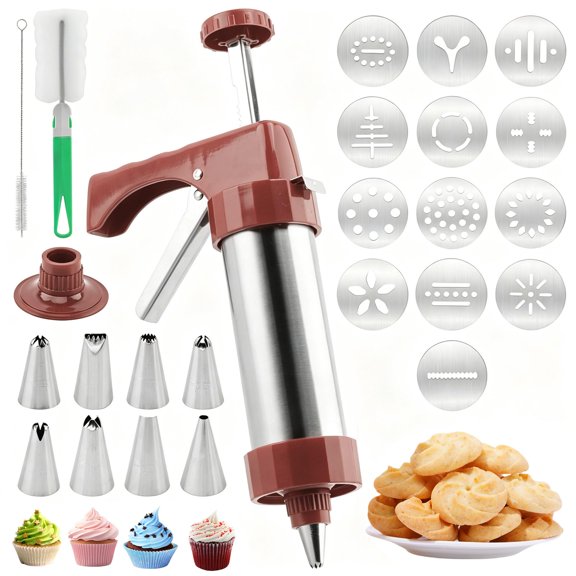 Stainless Steel Cookie Press Gun Set with 13 Decorative Discs and 8 Piping Tips, DIY Baking Tool for Making Spritz Cookies and Homemade Dessert Decorating