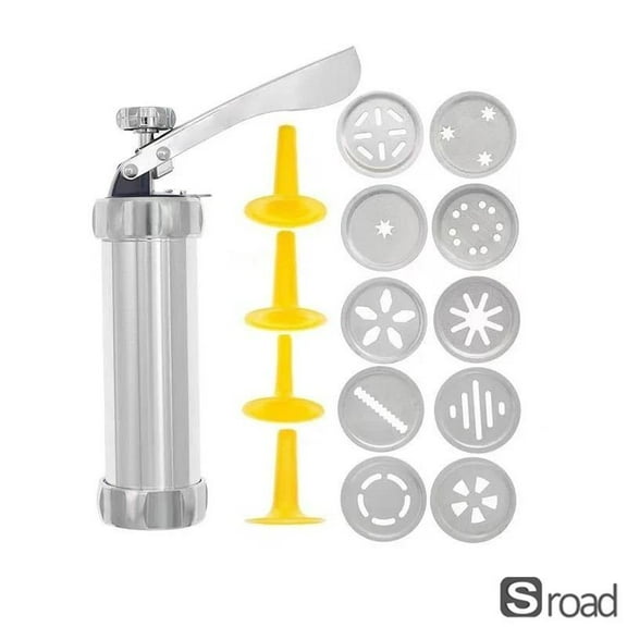 Stainless Steel Cookie Press Gun Set With 20 Designs Discs & 4 Nozzles, For Baking Decorating - Easy Squeeze DIY Cookie, Biscuit Maker Tool,10pcs Discs,N