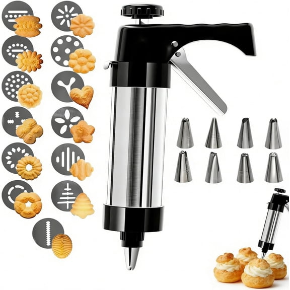 Stainless Steel Cookie Press Gun with 13 Discs and 8 Piping Tips, Spritz Baking Kit