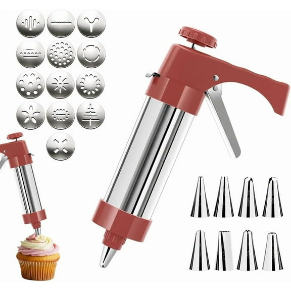 Stainless Steel Cookie Press Kit - 13 Cookie Discs & 8 Icing Tips for Baking, Cookie Gun with Extruder for Spritz, Cake Decorating & Piping (Red) P