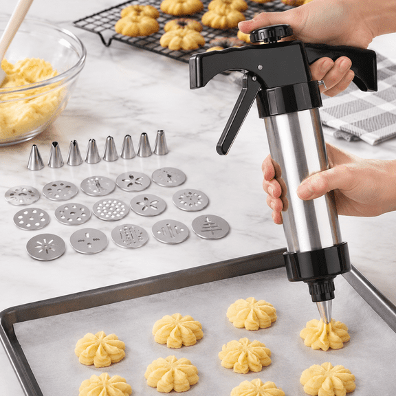 Stainless Steel Cookie Press Kit 13 Discs & 8 Tips for Soft Dough, Frosting & Baking Decor