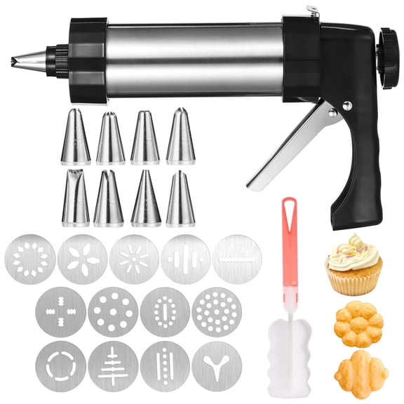 Stainless Steel Cookie Press Kit, Metal Cookie Maker with 13 Cookie Discs, 8 Piping Tips, and Cleaning Brush, Cookie Press Machine for Baking and Decorating Cookies, Cakes, Desserts