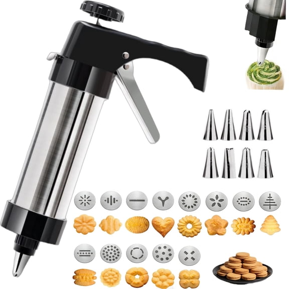 Stainless Steel Cookie Press Kit with 13 Discs and 8 Piping Tips for Baking and Cake Decorating