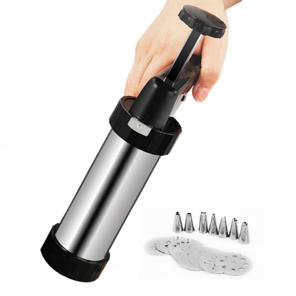 Stainless Steel Cookie Press Kit with 8 Metal Cookie Press Discs and 8 Icing Tips for Biscuit