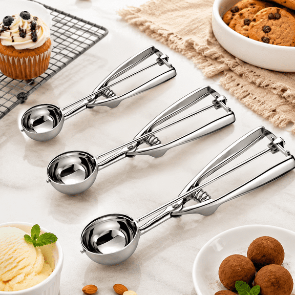 Stainless Steel Cookie Scoop Set of 3, Trigger Release Ice Cream Scooper, Baking Scoop for Portioning Cookie Dough or Treats