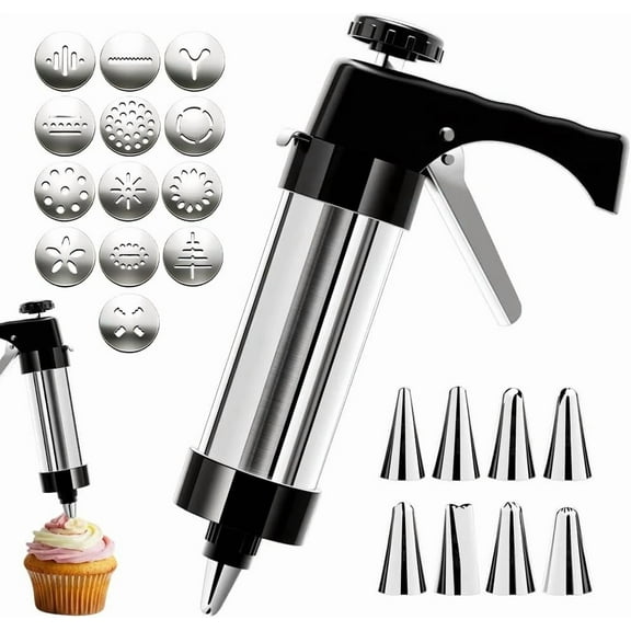 Stainless Steel Cookies Press, 2026 New Cookies Press for Baking,Cookie Press Gun Kit with 8 Icing Tips and 13 Cookie Discs for Kitchen Baking (Black)