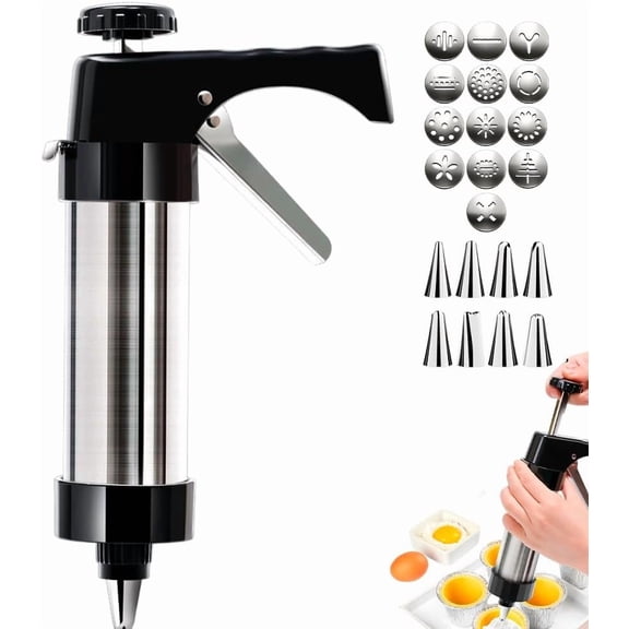 Stainless Steel Cookies Press, 2026 New Cookies Press for Baking, Upgrade Cookie Press Gun Kit with 8 Icing Tips and 13 Cookie Discs, Spritzer Cookie Press Gun for Kitchen Baking (Black)