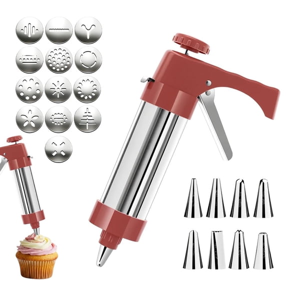 Stainless Steel Cookies Press, 2026 New Cookies Press with 8 Icing Tips and 13 Cookie Discs (Red)