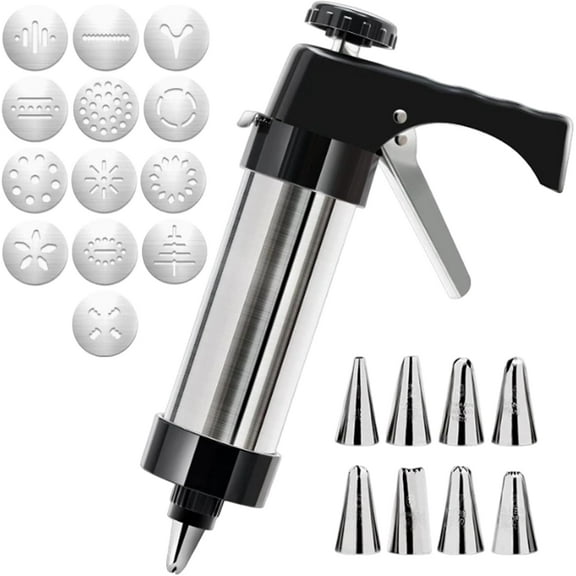 Stainless Steel Cookies Press, Cookies Press for Baking,Cookie Press Gun Kit with 13 Cookie Discs and 8 Piping Tips for DIY cake Maker Decorating Baking Supplies(Black)