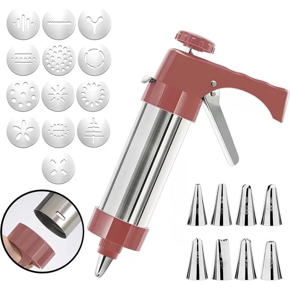 Stainless Steel Cookies Press, Cookies Press Gun Kit with 8 Piping Tips & 13 Cookie Discs, Biscuit Maker Machine, DIY Cake Decorating Kitchen Baking Supplies for Party Birthday Holiday
