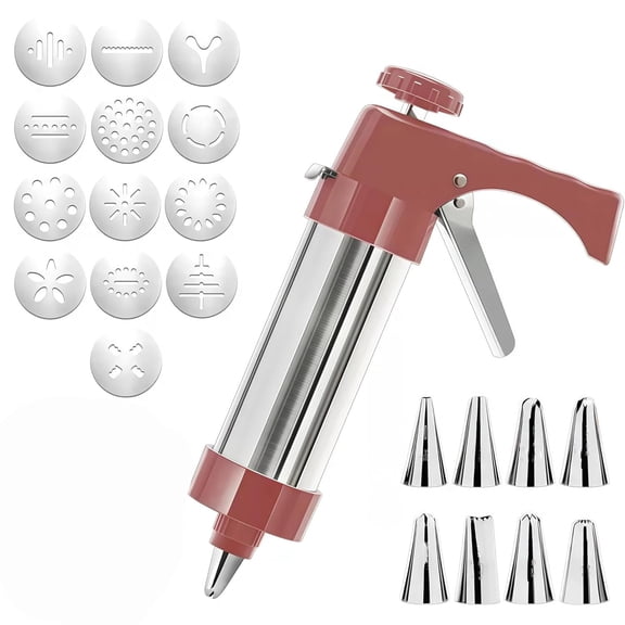 Stainless Steel Cookies Press, Cookies Press Gun Kit with 8 Piping Tips & 13 Cookie Discs, Biscuit Maker Machine, DIY Cake Decorating Kitchen Baking Supplies