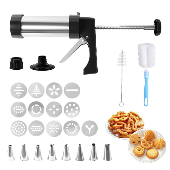 Stainless Steel Cookies Press Set, Churro Maker Machine, Cookie Press Gun Kit with 13 Cookie Discs, 8 Piping Tips and 2 Clean Brushes for DIY Biscuit/Cake Maker and Decorating Baking Supplies