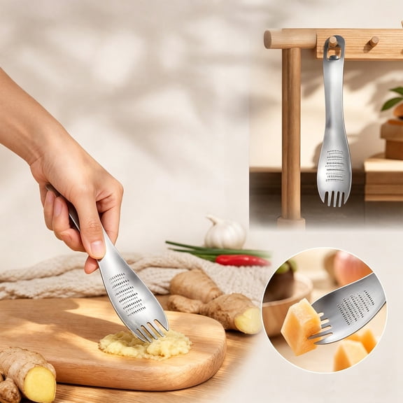 Stainless Steel Cooking Fork, Ginger Grater, Bottle Opener, Multifunctional Kitchen Tool for Garlic, Spice Grinding, Food Holding and Easy Storage