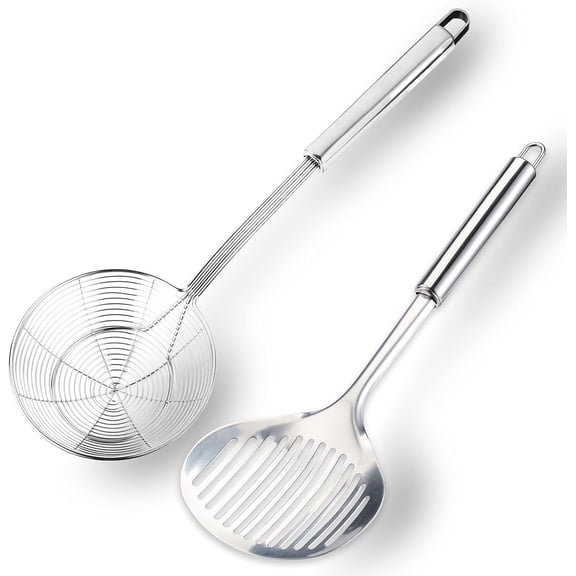 Stainless Steel Cooking Skimmer Slotted Fish Turner Spatula Spoon Colander Drain Water Filter Spoon Ladle Spider Strainer Skimmer Ladle for Cooking &Frying
