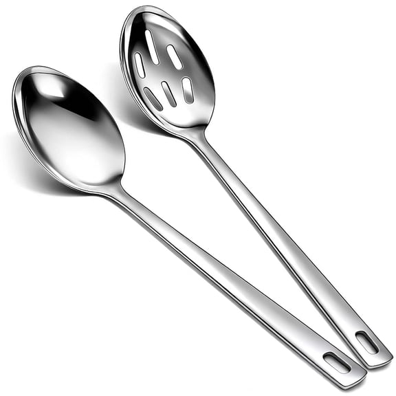 Stainless Steel Cooking Spoon Set, Solid and Slotted Kitchen Spoons for Cooking Serving Stirring Flipping Mixing, Heat Resistant Ergonomic Handle, Dishwasher Safe, Easy to Clean, Silver