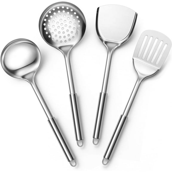 Stainless Steel Cooking Utensils, 4-Piece Heat Resistant Kitchen Utensils Set, Non-toxic Metal Kitchen Tools Spatulas Set Including Soup Ladle, Slotted/Solid Turner, Skimmer, Dishwasher Safe