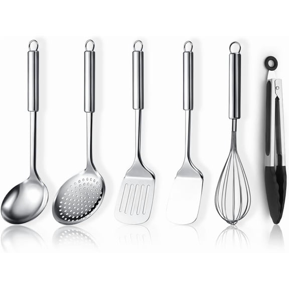 Stainless Steel Cooking Utensils Set 6 Pieces, Kitchen Tools Set Include Metal Spatula Set, Skimmer, Ladle, Tong, Whisk, Kitchen Gadgets Essentials New Home Must Have