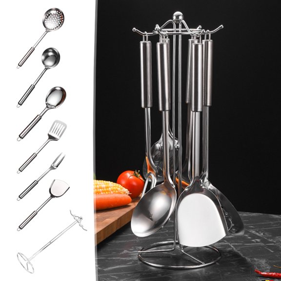 Stainless Steel Cooking Utensils Set, 7-Piece Kitchen Tool Set with Long Ergonomic Handles, Nonstick Safe Spatula and Spoon Set for Home Cooking, Grilling, and Everyday Meal Prep