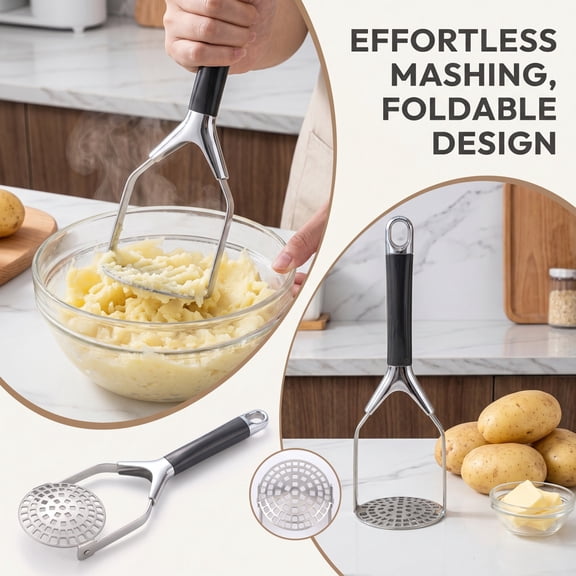 Stainless Steel Cooking Utensils, Stainless Steel Bean and Avocado Masher, Smooth Press for Meal Prep, Foldable Potatoes Masher with Silicone Grip, 13X4 Inch Rust-Resistant