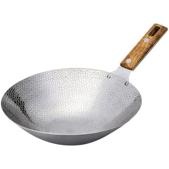 Stainless Steel Cooking Wok 12.99 Inch Traditional Frying Pan with Wooden Handle Hanging Hole for Home Kitchen Stir Fry and Saut$$Home Decor, Kitchen, & Other