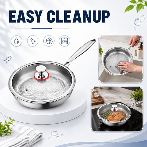 Stainless Steel Cookware, 9 Inch 3-Ply Pure Titanium Nonstick Steel Pan for Cooking, Non Toxic Skillet with Heat Resistant Silicone Seal Lid, Durable Induction Compatible