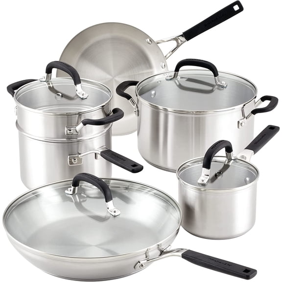 Stainless Steel Cookware/Pots and Pans Set, 10 Piece, Brushed Stainless Steel