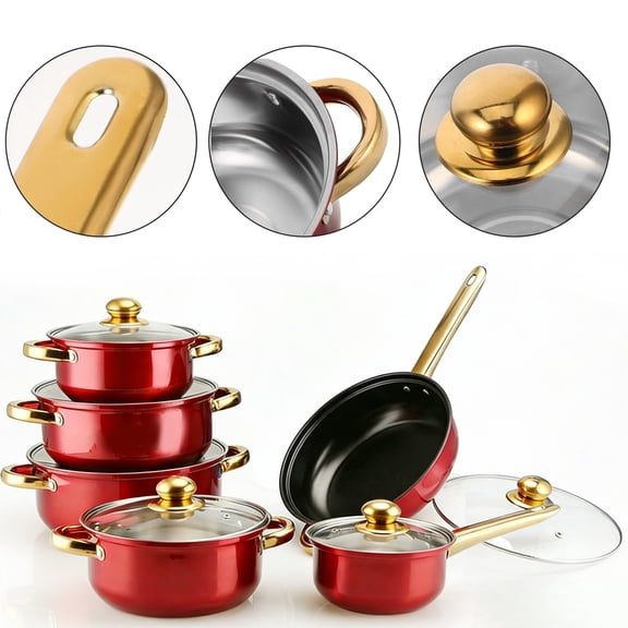 Stainless Steel Cookware Set, 12pcs Pots and Pans Nonstick Pot and Pan Set Includes 1 Frying Pans, 5 Pots, 6 Lids with Heat-resistant Gold Handles
