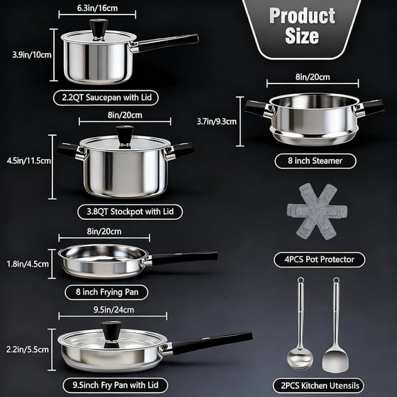 Stainless Steel Cookware Set, 14-Piece Pots and Pans Set, Kitchen Cookware Set with Stay-Cool Handle, Non-Toxic, Dishwasher Safe & Compatible with All Stovetops (Gas, Electric & Induction)
