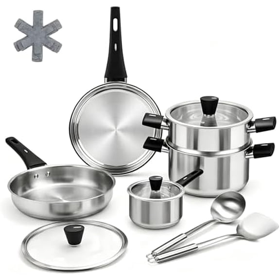 Stainless Steel Cookware Set, 14-Piece Pots and Pans Set, Kitchen Cookware Set with Stay-Cool Handle, Non-Toxic, Dishwasher Safe & Compatible with All Stovetops (Gas, Electric & Induction)