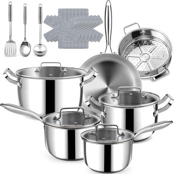 Stainless Steel Cookware Set - 20 count Pots and Pans Set with 3-Ply Stainless Steel Frying Pan, Professional Kitchen Cooking Set, Induction Compatible, Oven & Dishwasher Safe