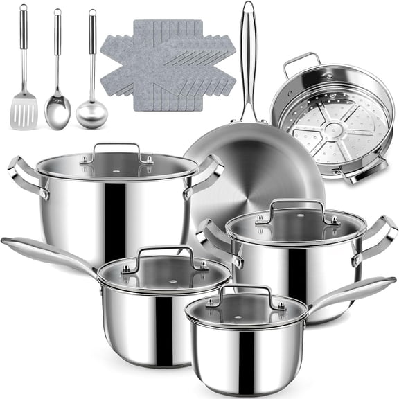 Stainless Steel Cookware Set - 20 count Pots and Pans Set with 3-Ply Stainless Steel Frying Pan, Professional Kitchen Cooking Set, Induction Compatible, Oven & Dishwasher Safe