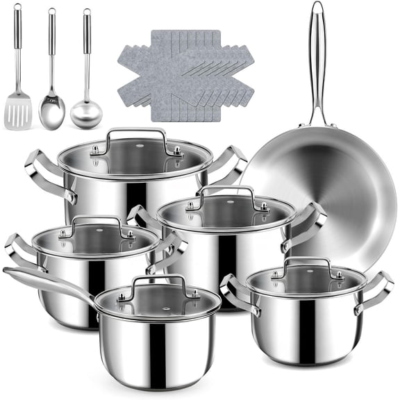 Stainless Steel Cookware Set - 21 count Kitchen Cookware Sets with 3-Ply Frying Pan, Even Heating, Cool Handle, Chef Quality Cooking Set, Pots and Pans Set Induction , Dishwasher Safe