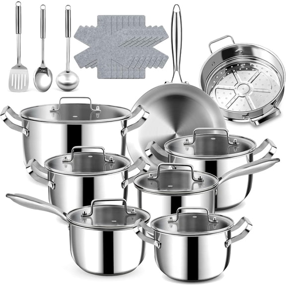 Stainless Steel Cookware Set - 24 count Kitchen Cookware Sets with 3-Ply Frying Pan and Steamer, Cool Handles, Heavy-Duty Chef Quality, Pots and Pans Set Compatible with  Stoves