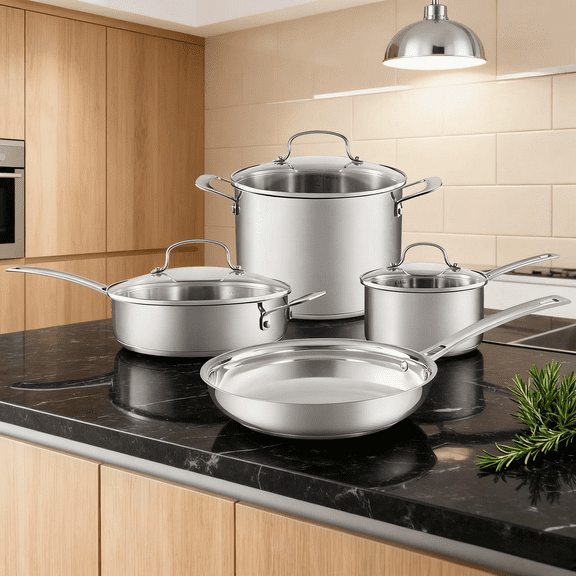 Stainless Steel Cookware Set, 4-Piece Kitchen Pots and Pans Set with Glass Lids, Durable Induction Compatible Cooking Essentials