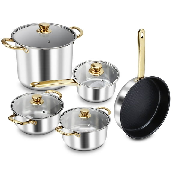 Stainless Steel Cookware Set, 9 Pcs Nonstick Cookware Set, Kitchen Pots And Pans Set With Glass Lid For Cooking, Dishwasher , Golden