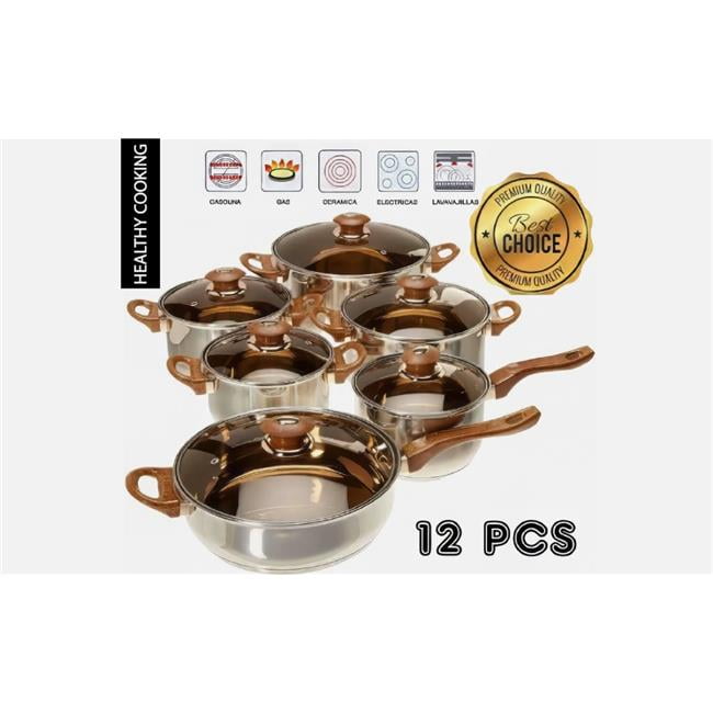 12-Piece Stainless Steel Cookware Set with Brown Handles