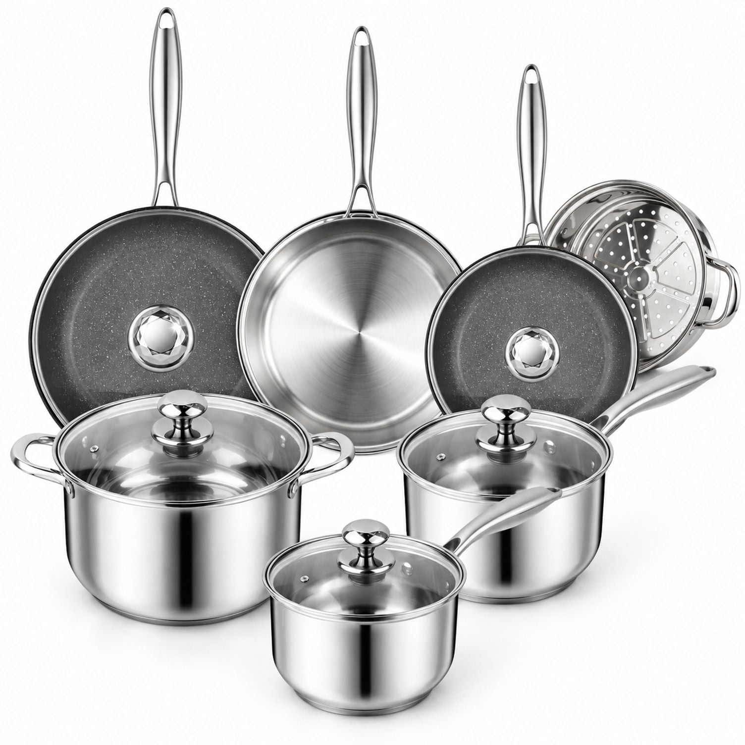 Stainless Steel Cookware Set with Steamer, 13 Piece Pots and Pans Set ...