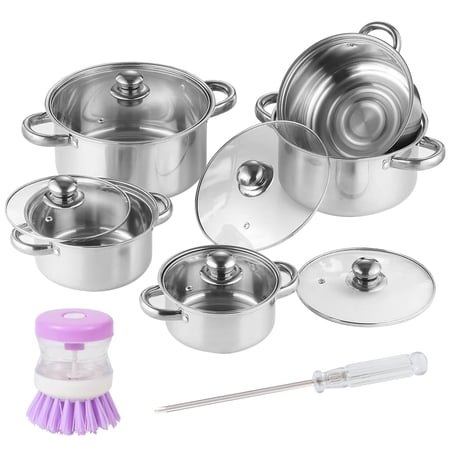 Thick Stainless Steel Cookware Set, Pots and Pans Set, 11 Pcs Kitchen Induction Cookware Set with Glass Lid for Cooking, Induction Compatible Set for Rv and Camping with Cleaning Brush,Silver