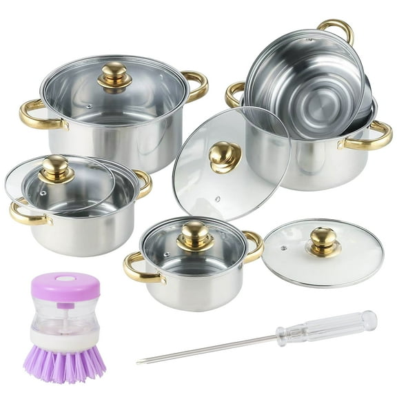 Thick Stainless Steel Cookware Set, Pots and Pans Set, 11 Pcs Kitchen Induction Cookware Set with Glass Lid for Cooking, Induction Compatible Set for Rv and Camping with Cleaning Brush, Gold