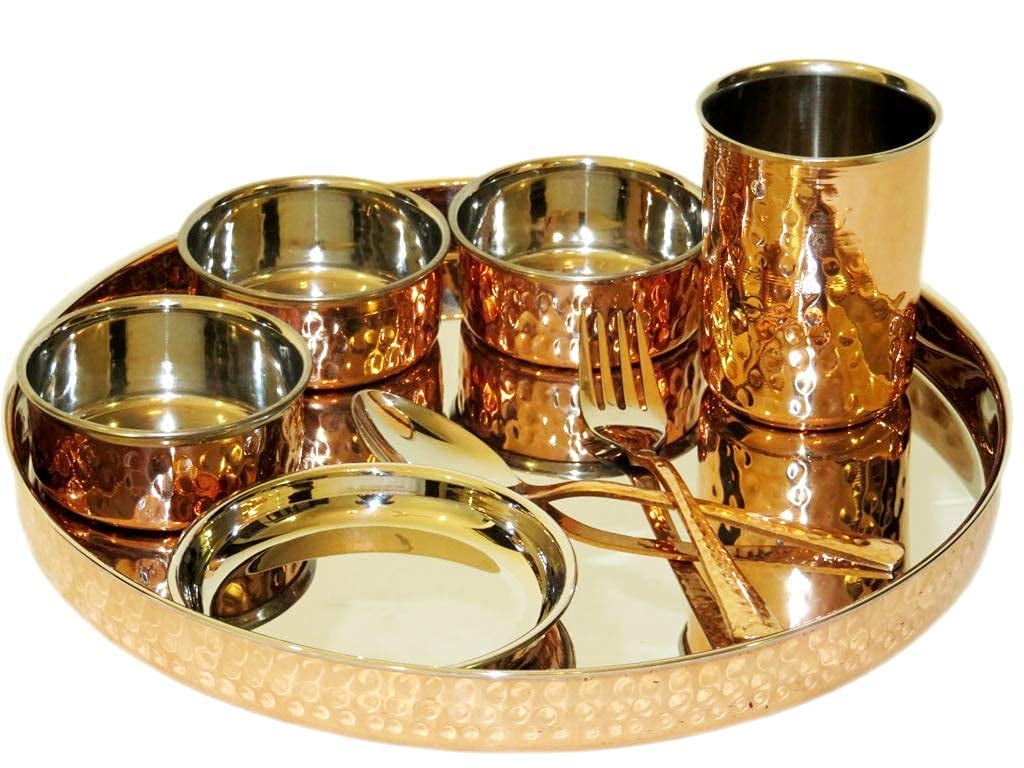 Stainless Steel Copper Dinner Thali Set 8 Pieces Golden 1 Thali 3 Bowls 1 Pudding Bowl 1 Spoon 1 Kanta Spoon 1 Glass