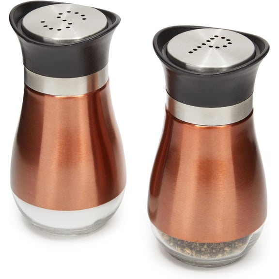 Stainless Steel Copper Salt and Pepper Shakers Set with Glass Bottom, Screw-Off Caps, Perforated "S" "P" Designs for Kitchen, 2.5 x 4.5 Inches (4oz)