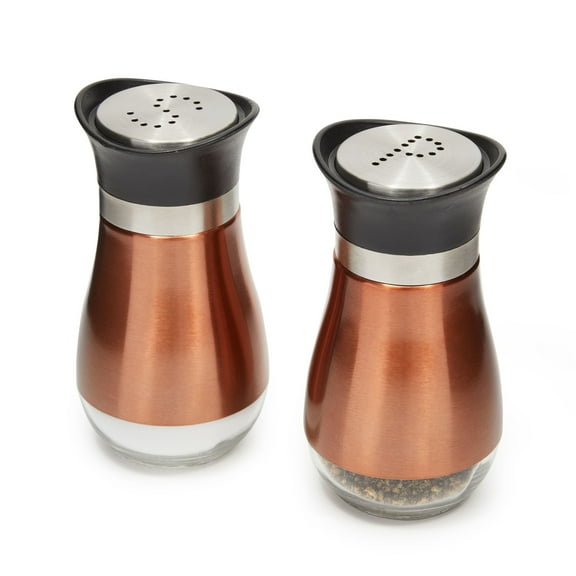 Juvale Stainless Steel Copper Salt and Pepper Shakers Set with Glass Bottom, Screw-Off Caps, Perforated "S" and "P" Designs for Kitchen, 2.5 x 2.5 x 4.5 Inches (4oz)